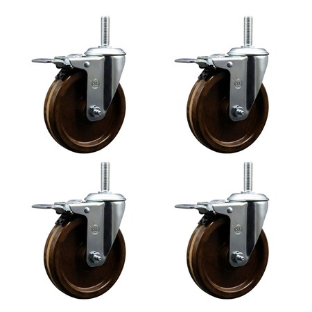Service Caster 5 Inch High Temp Phenolic 58 Inch Stem Caster Set with Total Lock Brake SCC-TSTTL20S514-PHRHT-58212-4